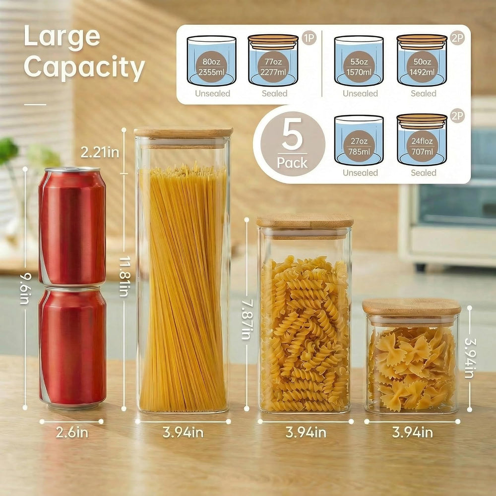 HomArtist Square Glass Jars with Bamboo Lids [Muti Size Set of 5], Glass Cani...