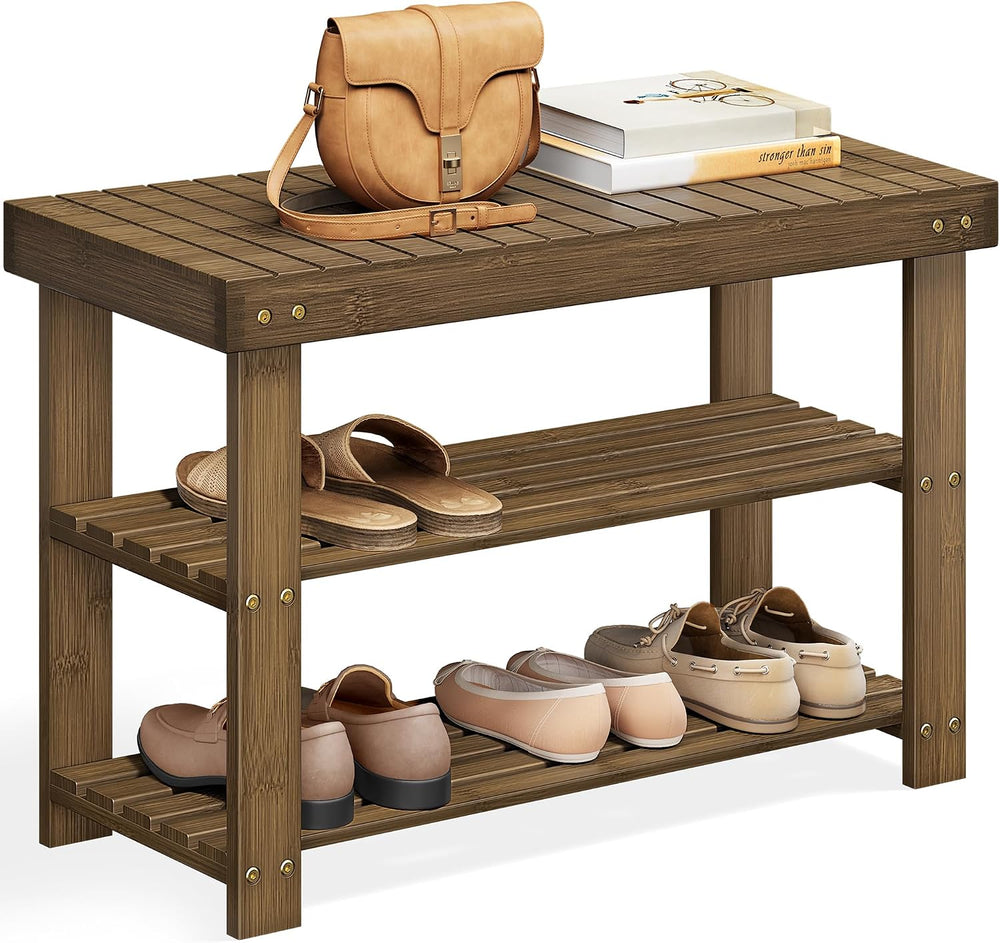SONGMICS Shoe Rack Bench, 3-Tier Bamboo Entryway Bench, 27.6 Inches Width