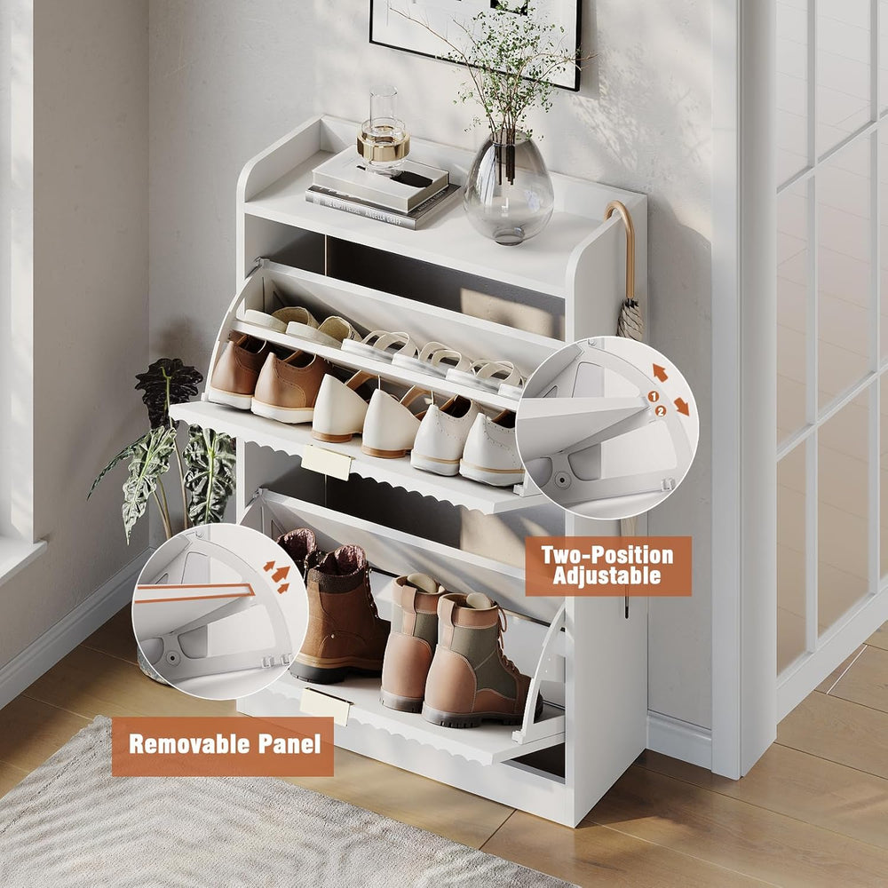 White Fluted Shoe Cabinet, Narrow Entryway Storage Rack Organizer