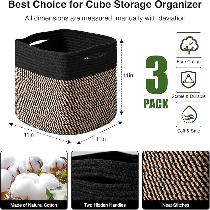 11 Inch Cube Storage Bins, Storage Cube Organizer Bins, Woven Cotton Rope (Pa...
