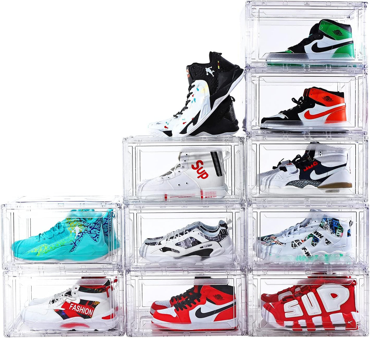 10 Pack Large Shoe Boxes Clear Stackable, Space Saving Acrylic Shoe Boxes Shoe Organizers Foldable Shoe Container Boxes that Fits Up to Size 14 Shoes