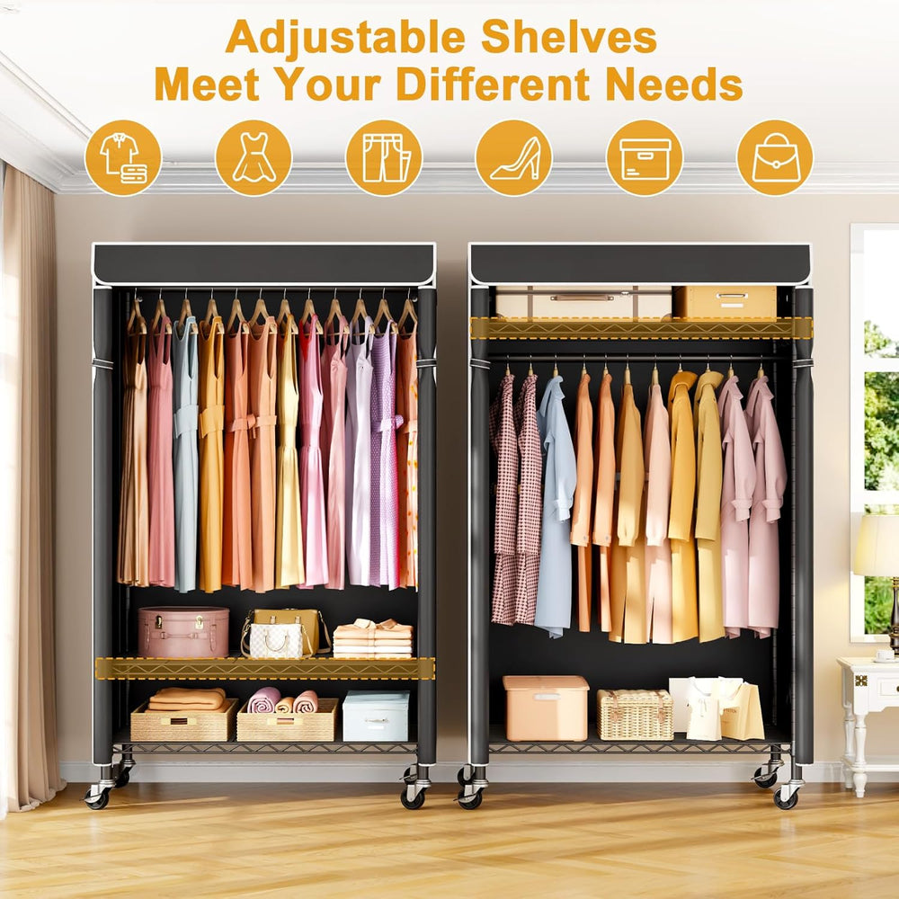 ULIFHOME P6C Rolling Clothes Rack with Cover, 3-Tier Covered Clothing Rack