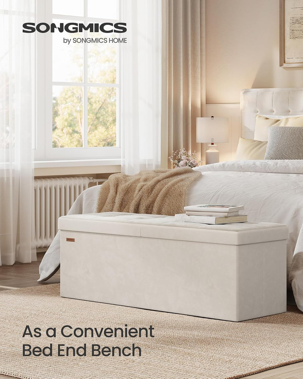 SONGMICS Foldable Storage Ottoman with Flipping Lid, 43.3 Inch Velvet Bench