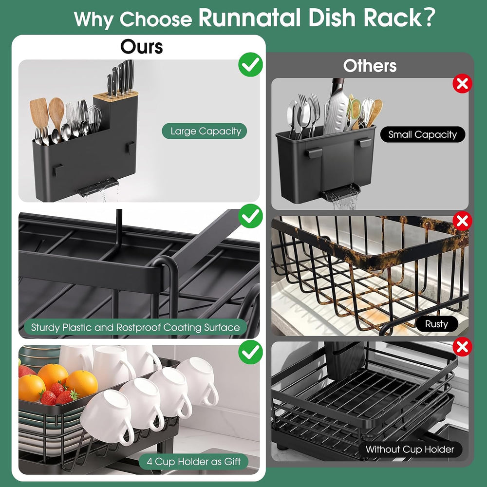 Runnatal 2-Tier Dish Drying Rack, Large Dish Drainers for Kitchen Counter