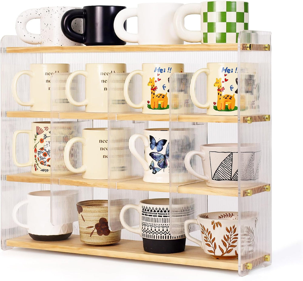 Mug Shelf 4-Tier Walnut Coffee Cup Displays,Kitchen Spice Storage