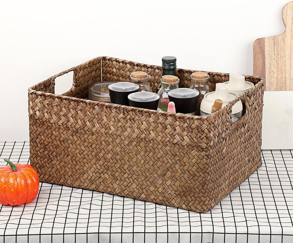 Hipiwe Seagrass Storage Baskets Bin for Shelf, X-Large Woven Wicker Basket