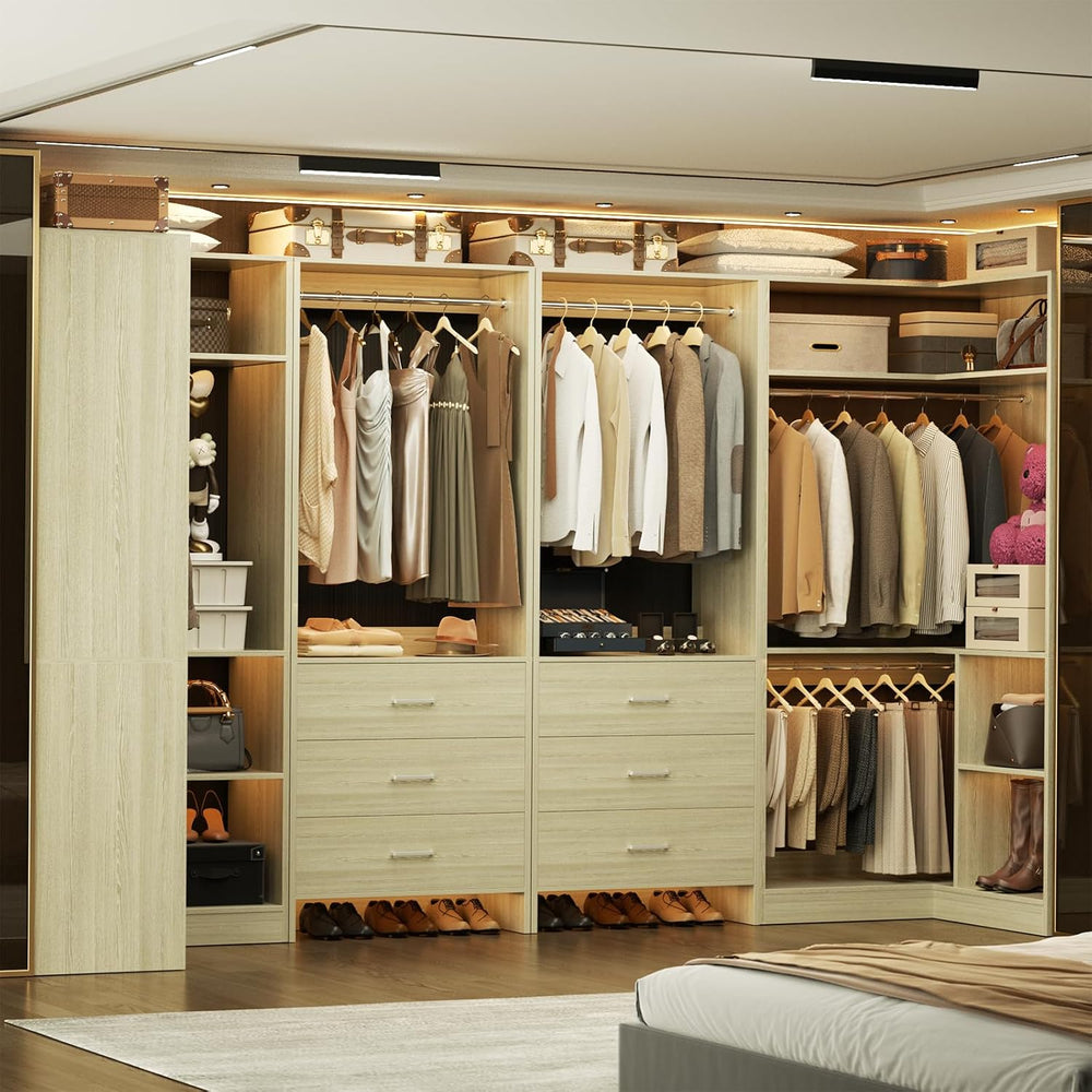 Aheaplus Closet System with Drawer，Hanging Rods,U-Shaped，Set of 4,White Oak