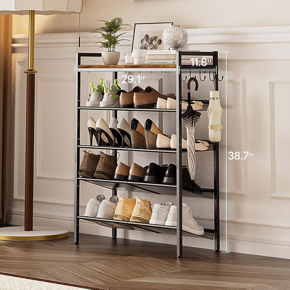 5 Tier Shoe Rack, Shoe Rack for Entryway with Hook, Shoe Organizer with Adjus...