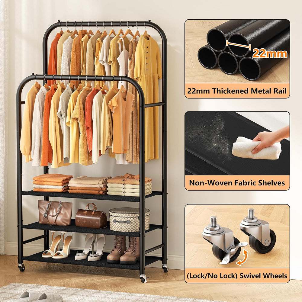 HOMIDEC Clothes Rack,Double Rods Clothing Rack with 3 Tier Shelve&Wheels