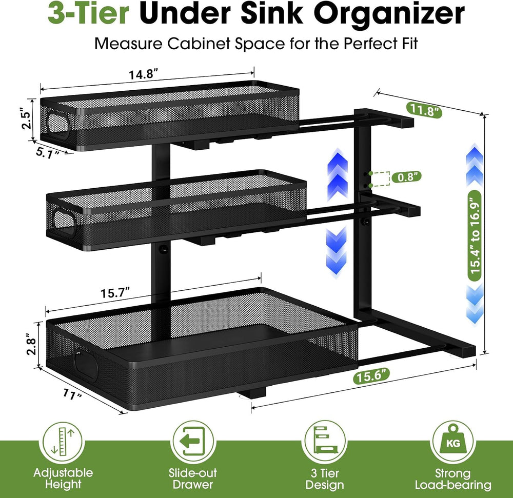 Under Sink Organizer 3 Tier, 2 Pack L-Shaped Pull-Out Cabinet Organizer with ...