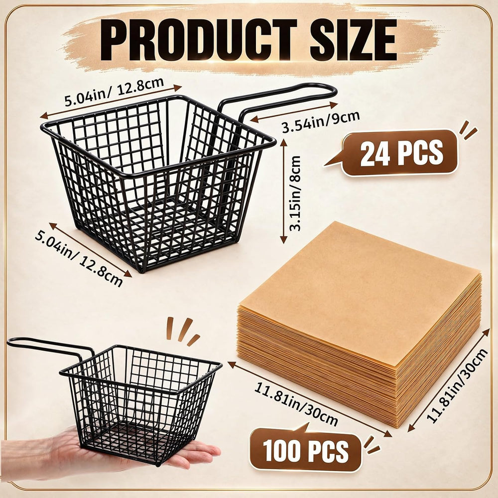 24 Pack French Fry Baskets with Handles and 100 Paper Liners
