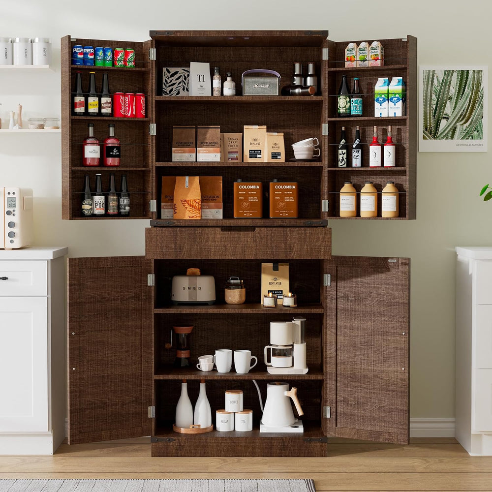 72" Kitchen Pantry Storage Cabinet with Doors and Shelves, Wood Farmhous...