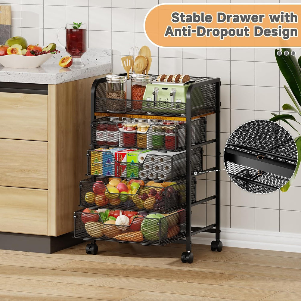 5-Tier Rolling Kitchen Cart with Drawers - Kitchen Storage Cart on Wheels,Pan...