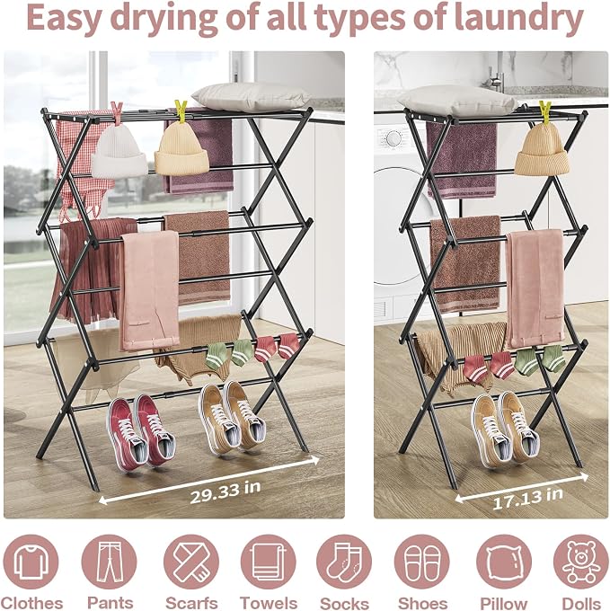 APEXCHASER Clothes Drying Rack, 3-Tier Laundry Drying Rack