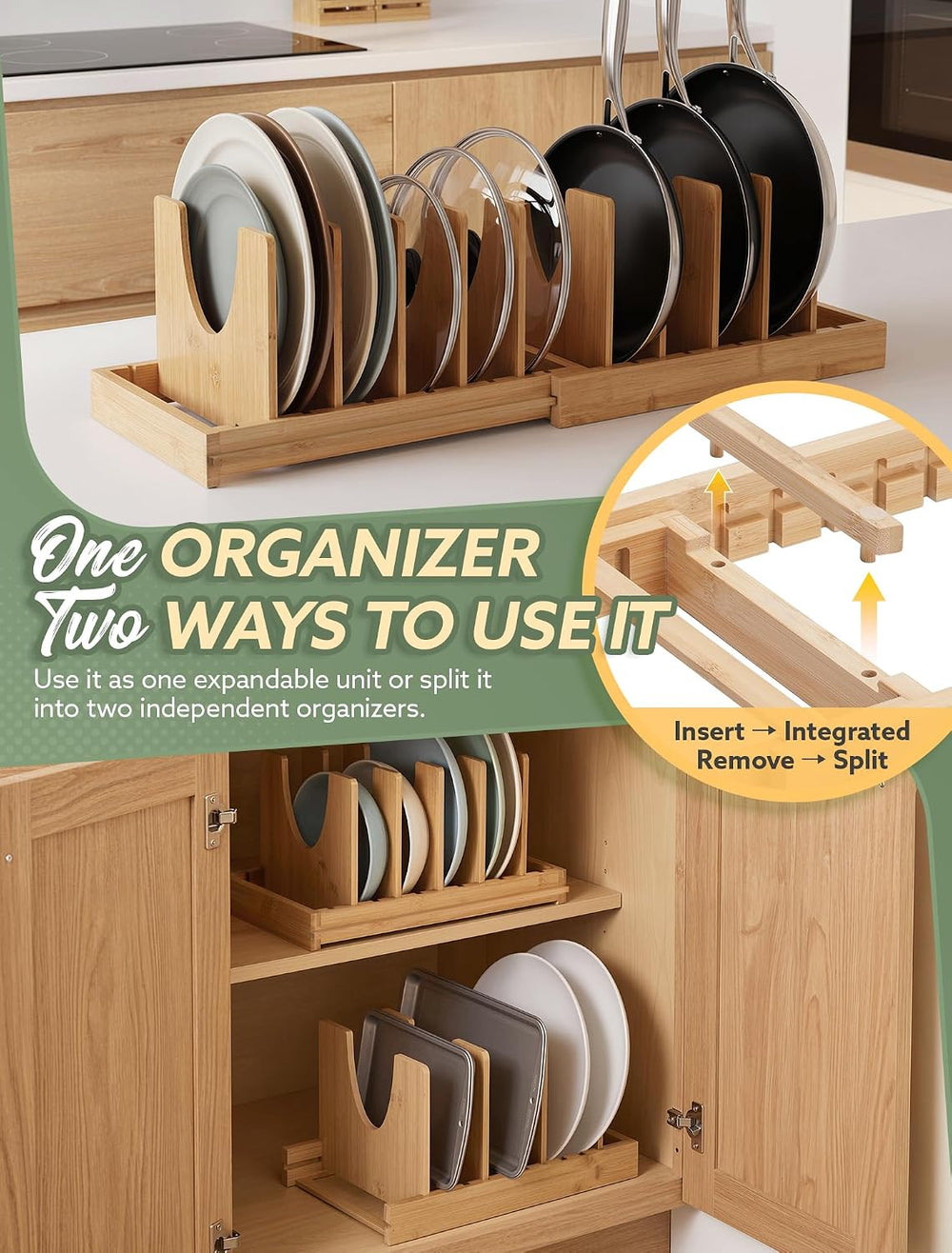 Pots and Pans Organizer Under Cabinet, Expandable Pot and Pan Rack