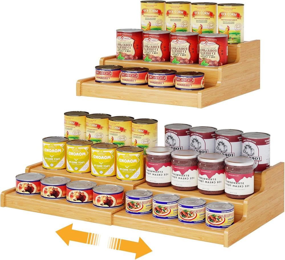 Expandable Bamboo Can Rack Organizer for Pantry, 3-Tier Adjustable Can Storag...