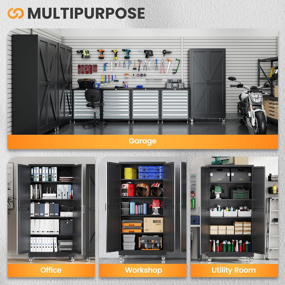 72" Tall Rolling Metal Garage Cabinets, Wheeled Black Storage Cabinet