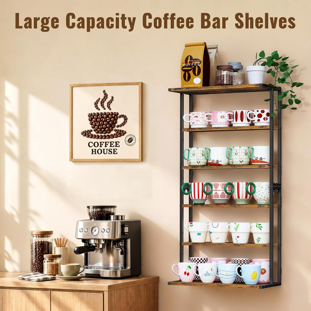 2-in-1 Coffee Cup Holder Wall Mounted, 6-Tier Wood Mug Holder Wall Mount with...
