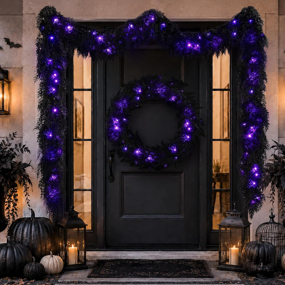 9FT Black Halloween Garland with Lights Realistic Prelit Christmas Garland