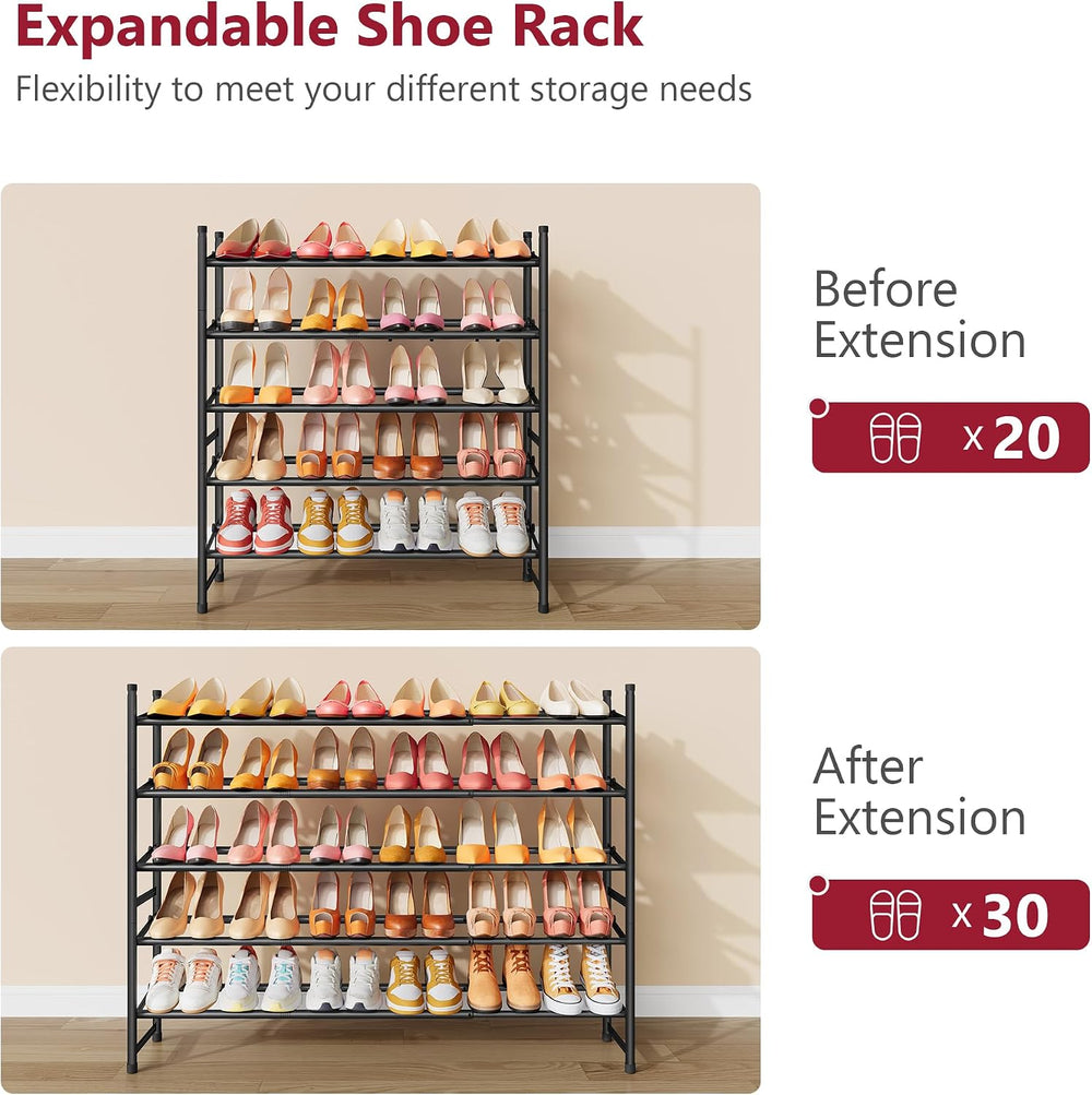 Tajsoon Expandable Shoe Rack for Closet 5 Tier, 28“-41“Stackable, Black