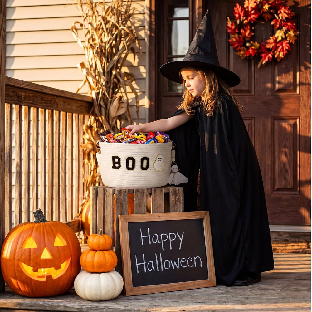 Halloween Woven Rope Basket with Mini Ghost Ornament