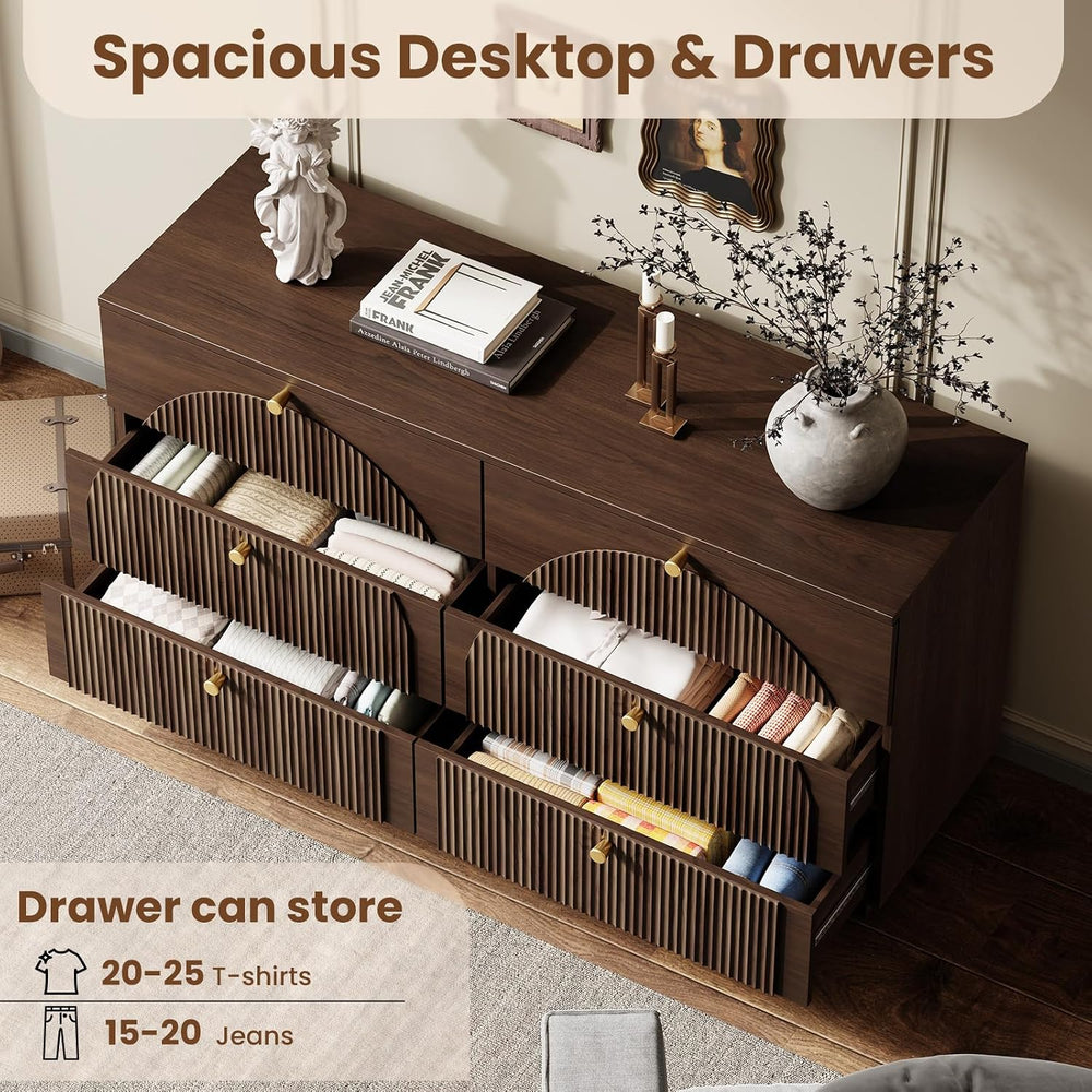 Arched Fluted Dresser for Bedroom with 6 Drawers 55.1" Wide Walnut
