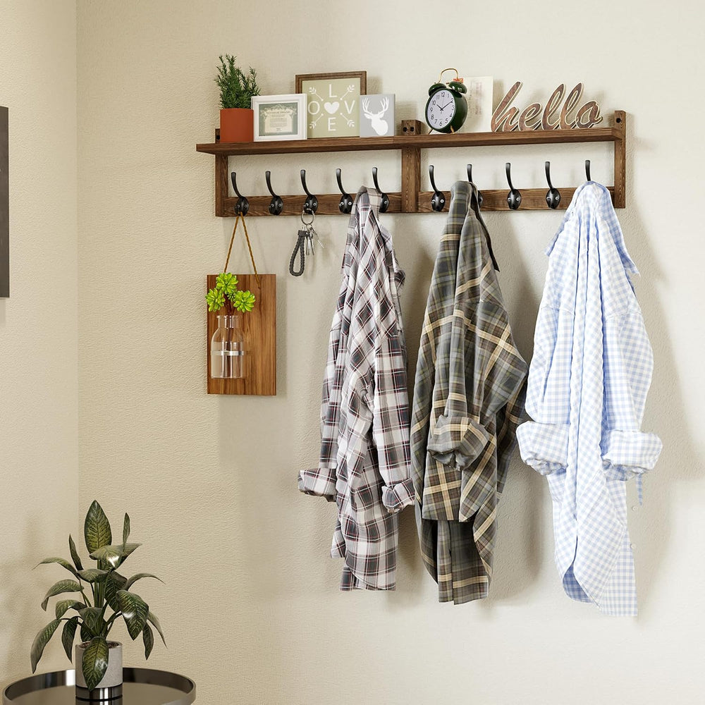AMBIRD 34.2 inch Wooden Extra-Long Wall Hook Rack with Shelf - Versatile and ...