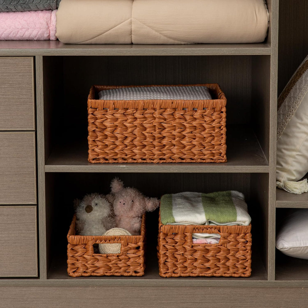 Set of 3 Wicker Storage Baskets, Decorative Baskets With Built-in Handles, Mu...