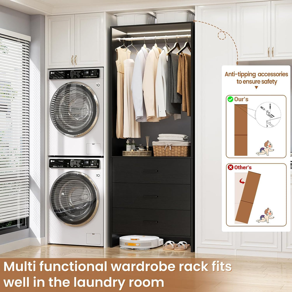 Aheaplus 1.8FT Closet System with 3 Drawers, 21.5’’ Closet Organizer, Black