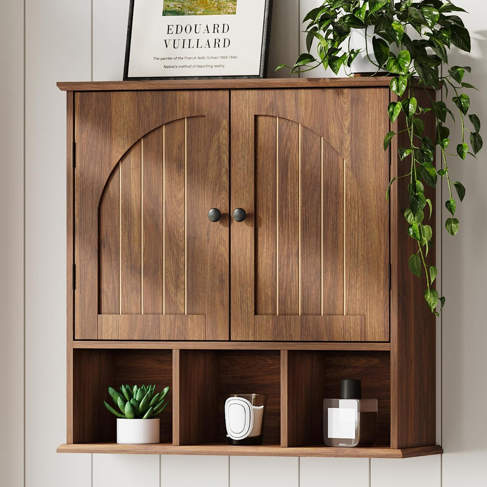 ChooChoo Bathroom Wall Cabinet, Wooden Cabinet with Doors and Open Cubbies