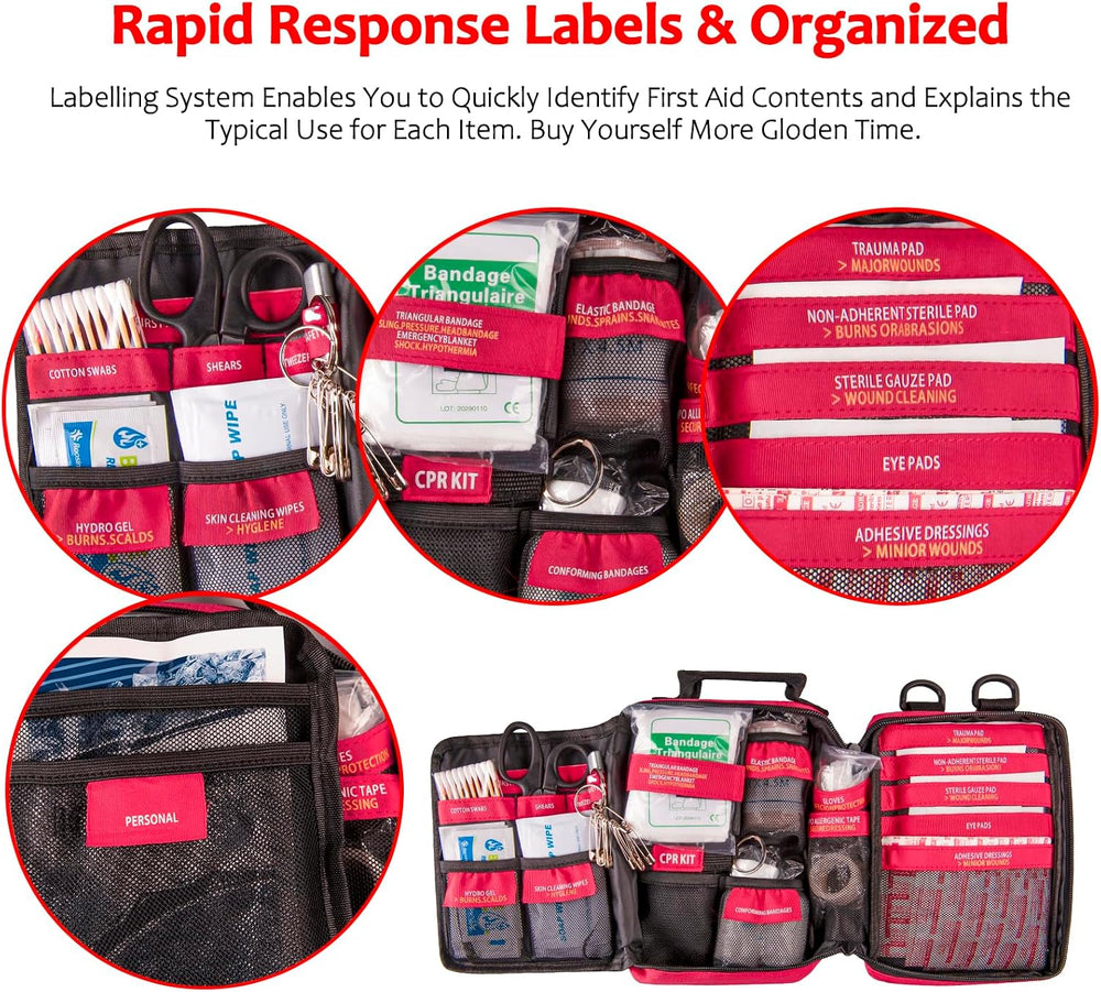 First Aid Kit with Rapid-Response Labeled Compartments, Compact Waterproof Em...