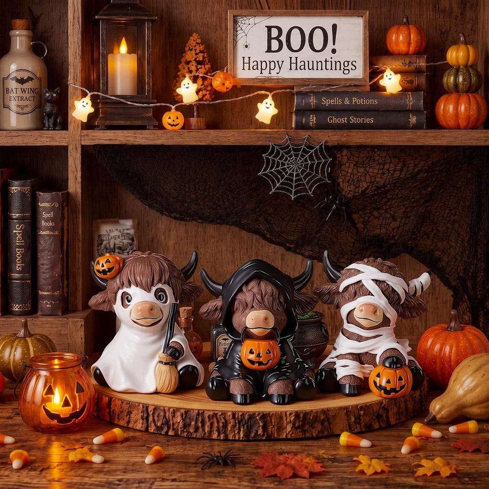 Karenhi 3 Pcs Halloween Highland Cow Figurines, Cute Spooky Ghost Decor