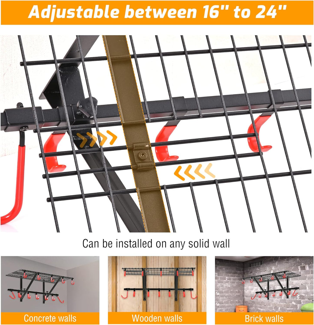Garage Wall Shelving with Bike Hooks, Adjustable Storage Rack