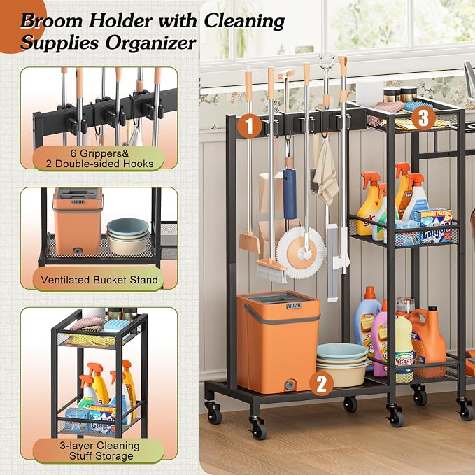 Broom Holder with Cleaning Supplies Organizer, Broom Closet Storage Cabinet