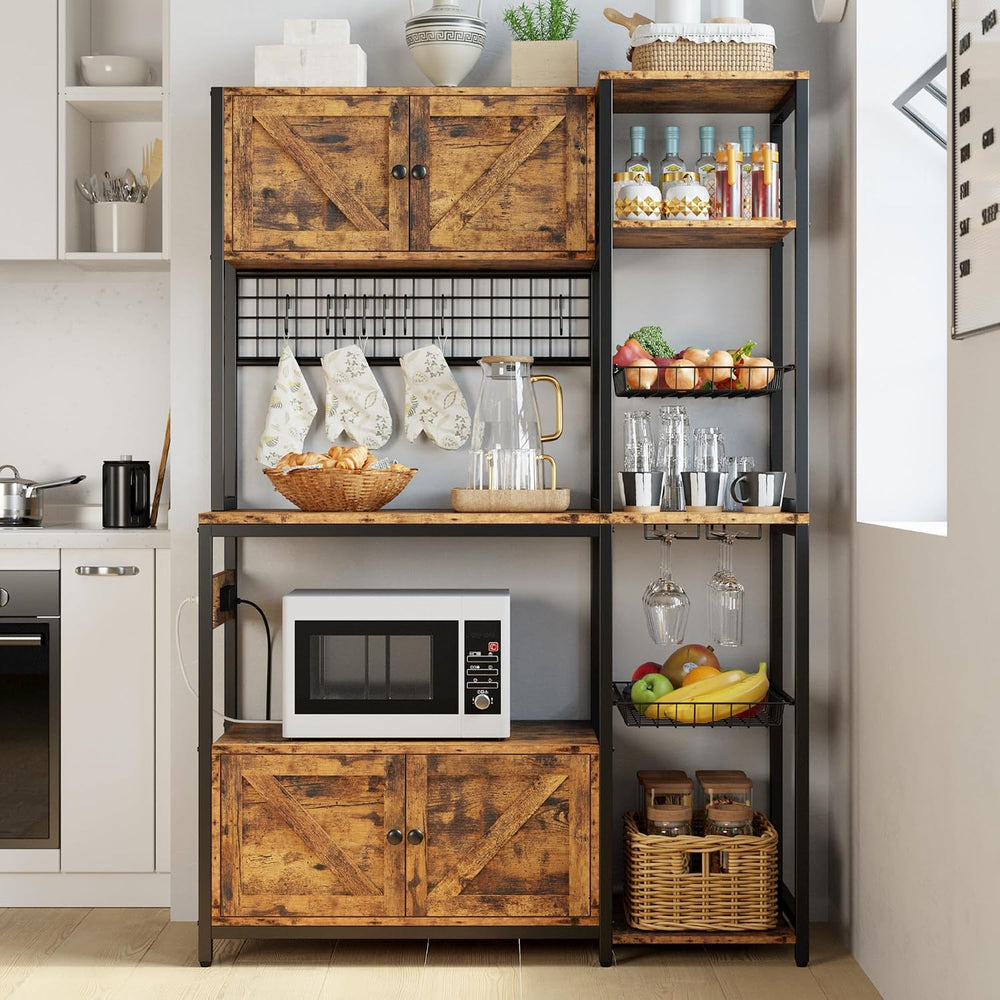 IRONCK Bakers Rack with Cabinet and Power Outlet, Coffee Bar, Vintage Brown