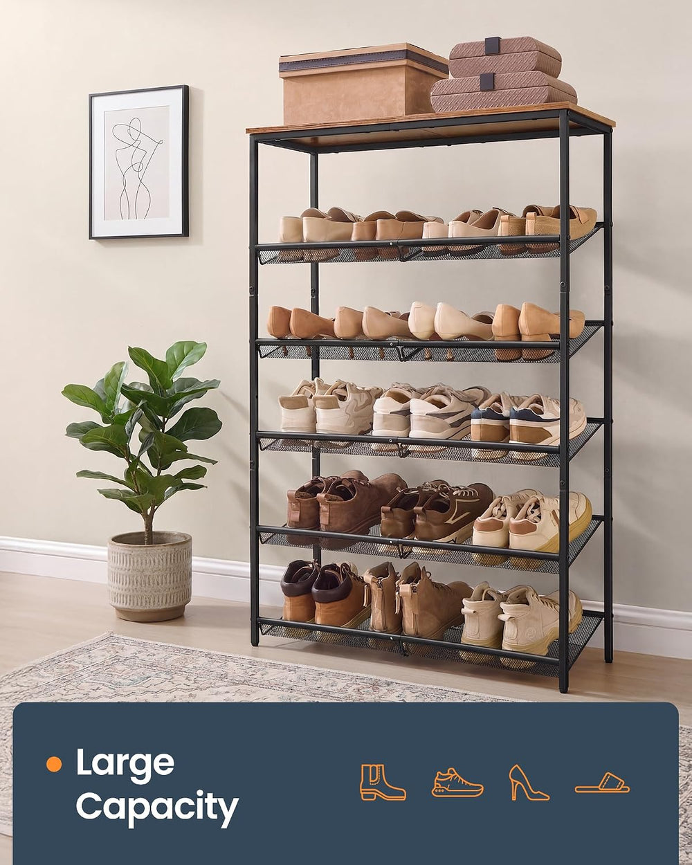 SONGMICS HOME 6 Tier Shoe Storage Organizer, Freestanding Shoe Rack, Dense Me...