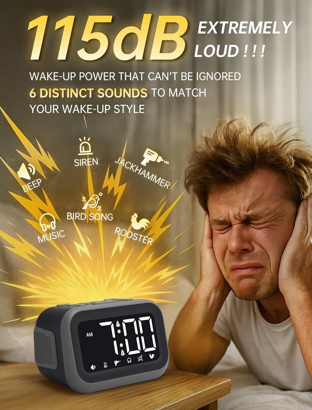 Super Loud Alarm Clock: 115dB Wake-Up Power