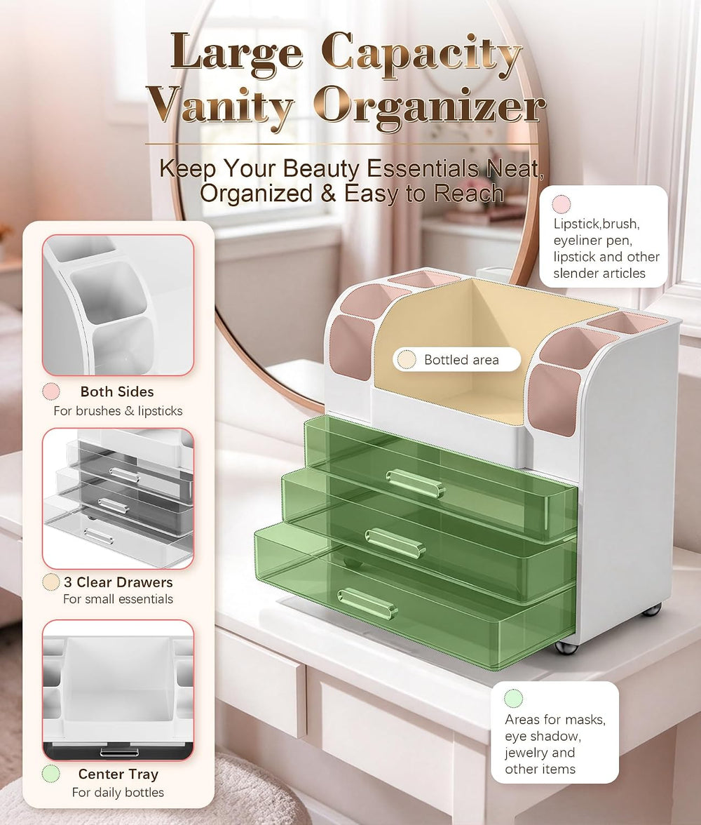 Hanyi Makeup Organizer for Vanity, 3 Clear Drawers, 6 Brush Holders, White