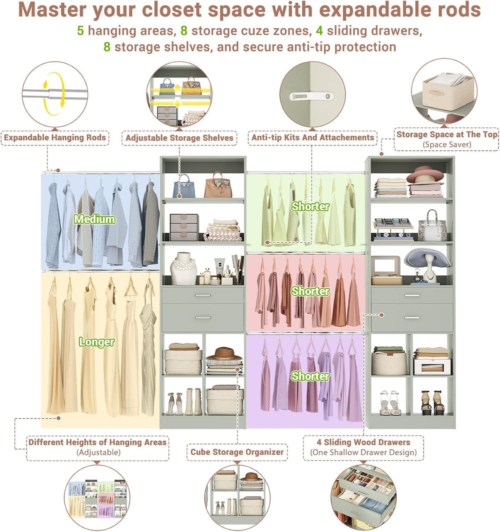 Besiost Closet System, 7.4ft-10ft with 4 Wooden Drawers and 5 Hanging Rods, C...