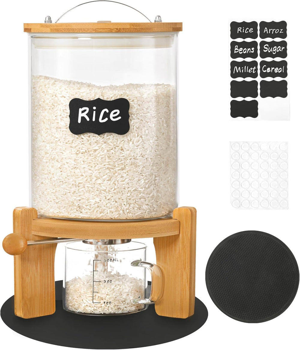 5-7 lbs Glass Rice Dispenser with Wooden Stand Flour and Cereal Container wit...