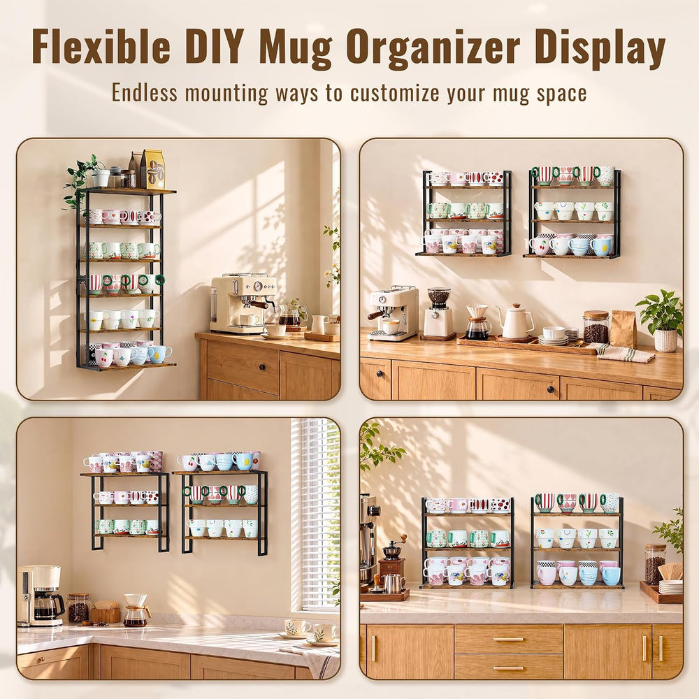 2-in-1 Coffee Cup Holder Wall Mounted, 6-Tier Wood Mug Holder Wall Mount with...