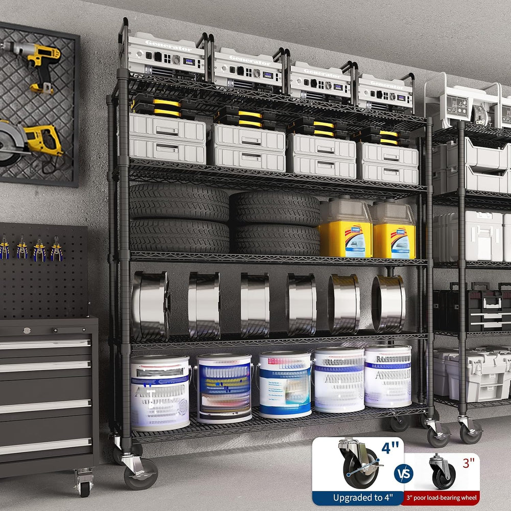 5 Tier Heavy Duty Metal Storage Shelves with Wheels Rolling Wire Rack