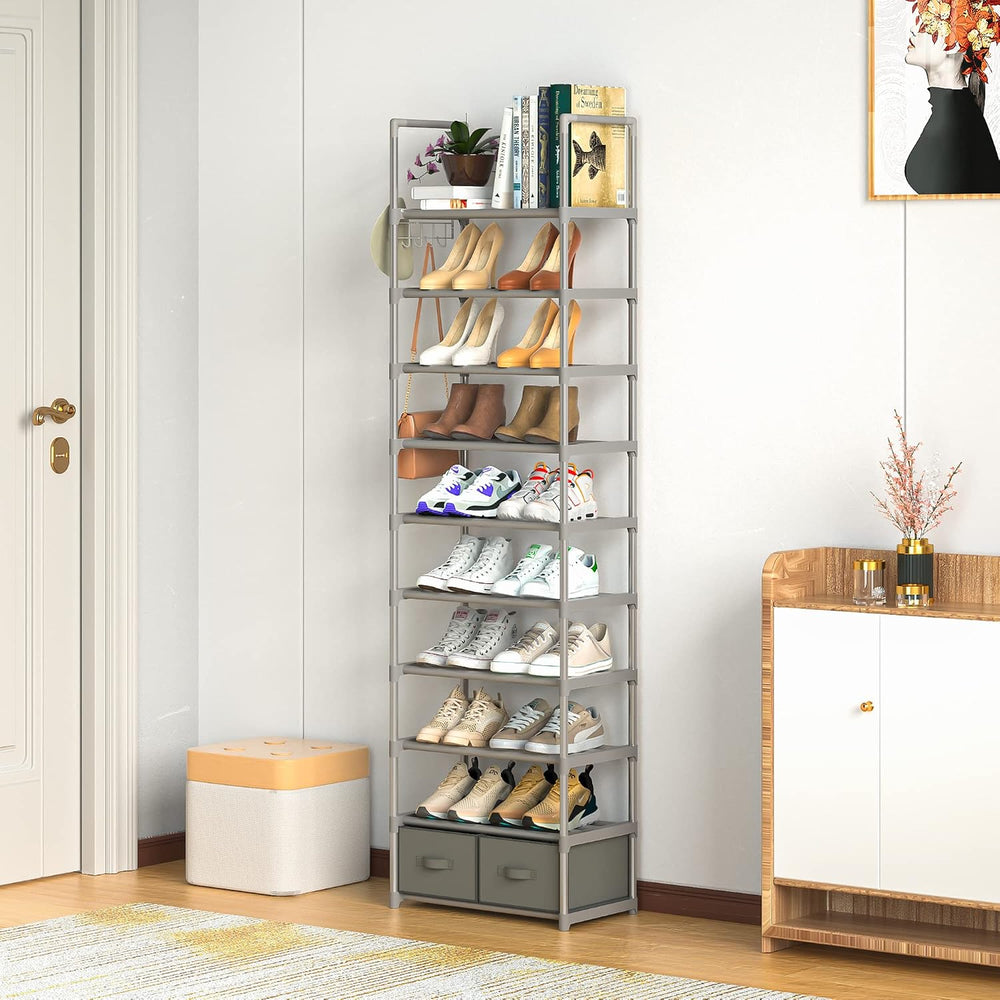 OYREL Tall Shoe Rack Narrow 10 Tier Shoes Rack 20 25 Pairs + 2 Boxes 1 Hook