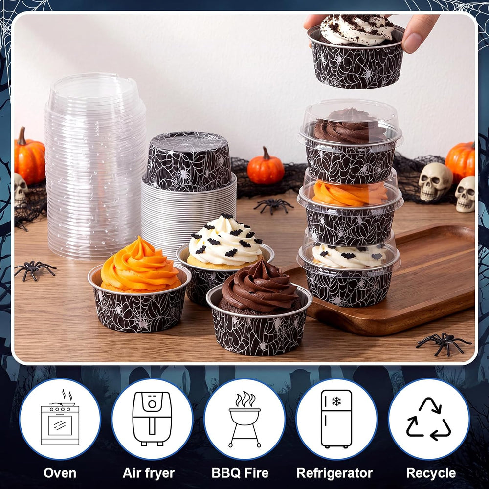 Potchen 200 Pcs Halloween Spiderweb Foil Cake Cup with Lid, 5 oz Baking Cup