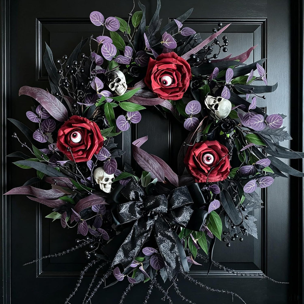22 Inch Halloween Wreath with Black Roses Skeleton and Eye Balls for Front Do...