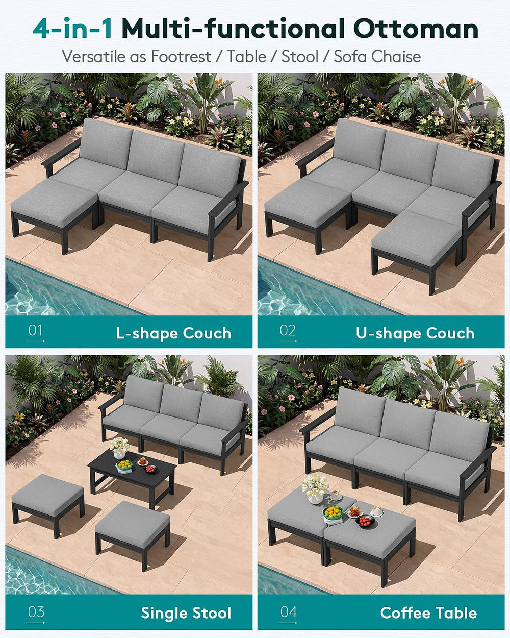 SERWALL HDPE Outdoor Ottoman with Cushions for Outdoo Sofa