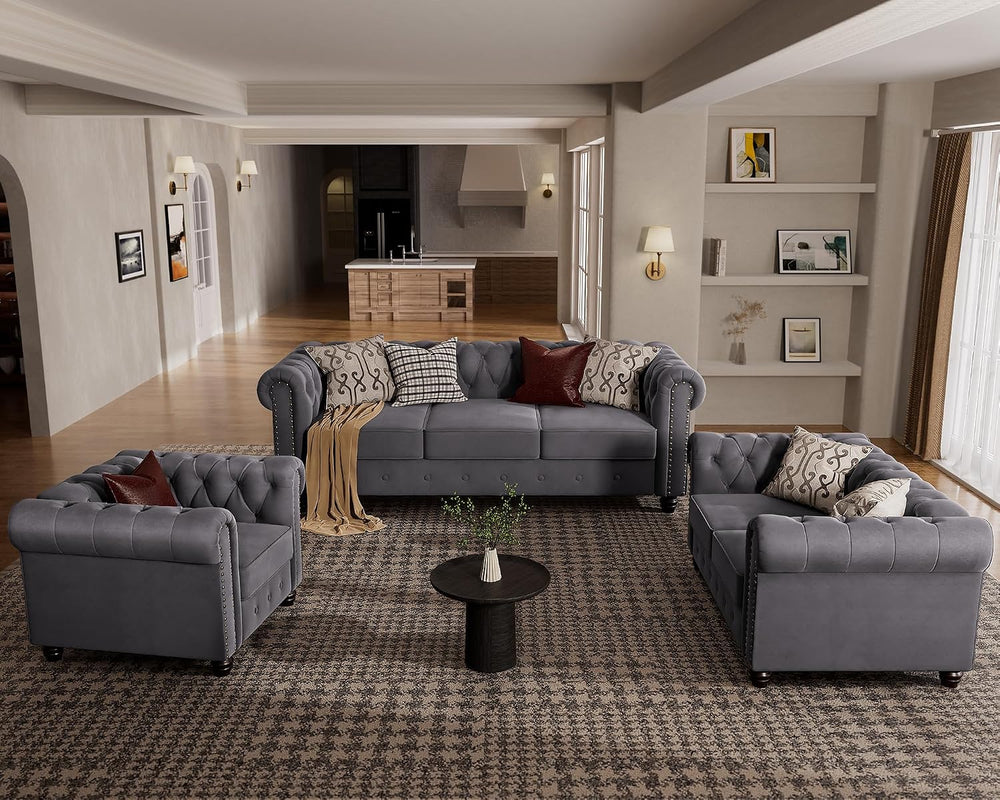 3 Piece Classic Chesterfield Sofa Set,Chair&Loveseat&Sofa,Velvet Grey