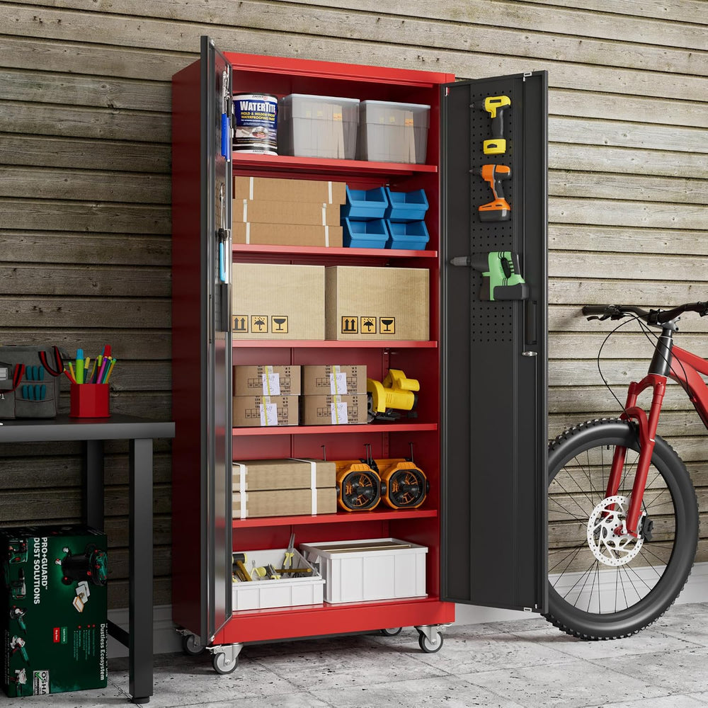 71"H Metal Garage Storage Cabinet,Tool Cabinet with Wheels,Pegboard