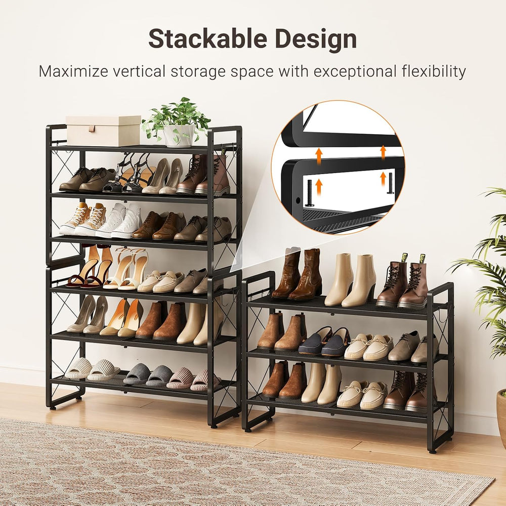 ELYKEN Expandable Shoe Rack for Closet, 3-Tier Metal Black Shoe Organizer