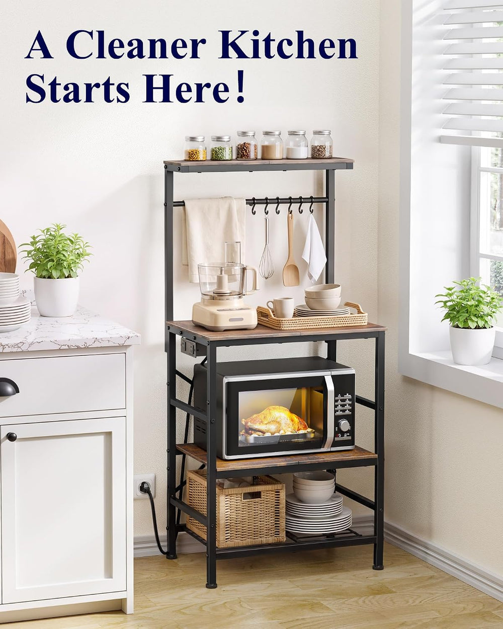 Kitsure Coffee Bar, 4-Tier Baker's Rack with Power Outlet, 21.7" x 4...